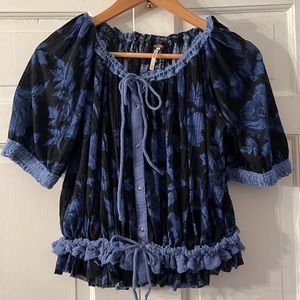 Free People Blue Floral Perfect Day Ruffled Top, worn once! Size XL